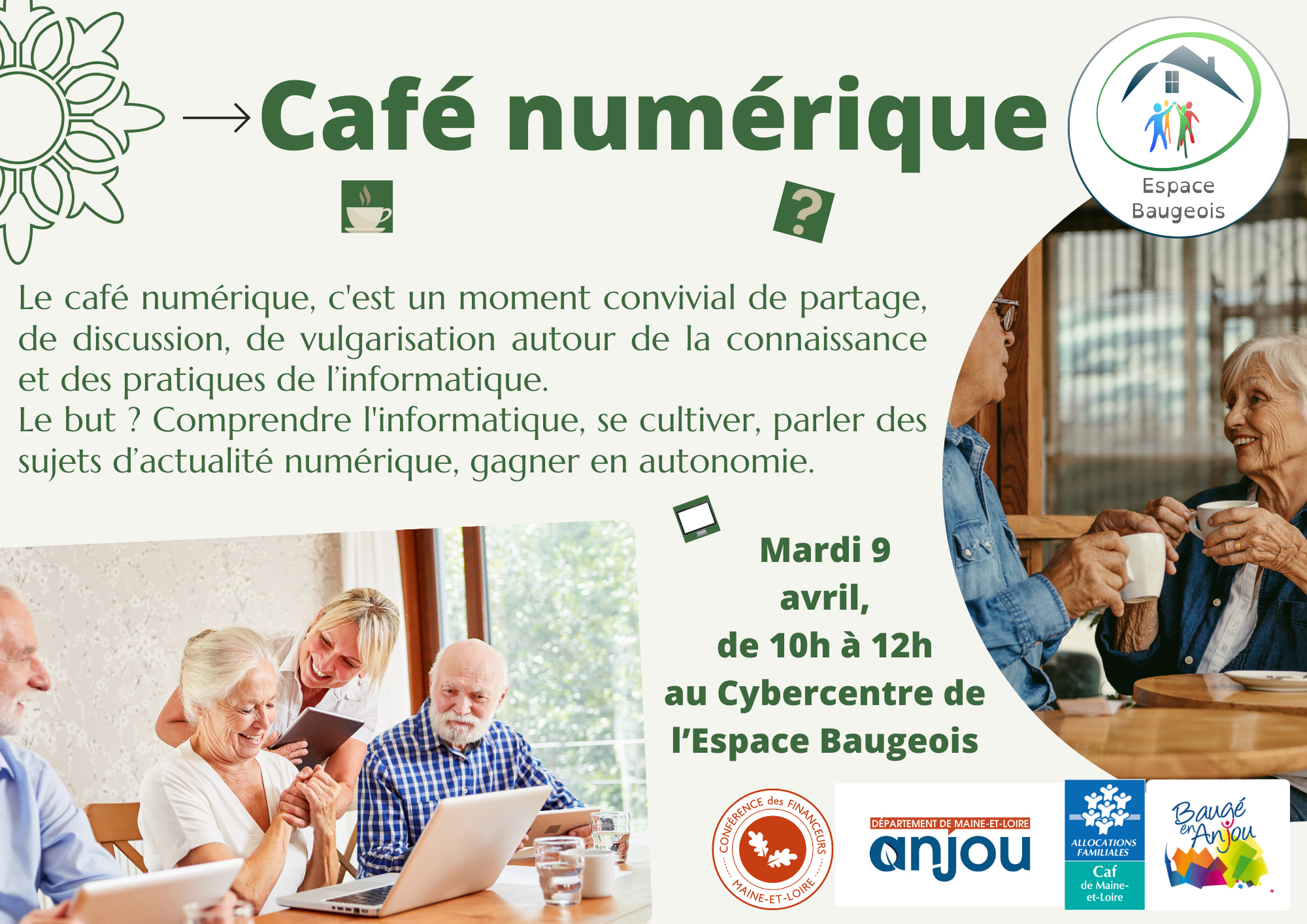 Prochain café numérique : mardi 9 avril, au Cybercentre de l'Association Espace Baugeois