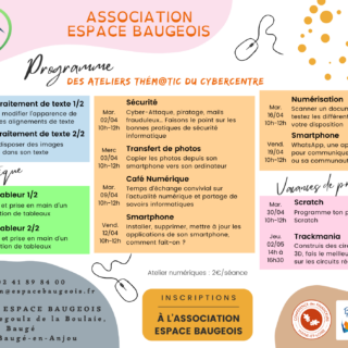 Programme des ateliers Thém@TIC proposés au Cybercentre de l'association ESPACE BAUGEOIS en avril 2024