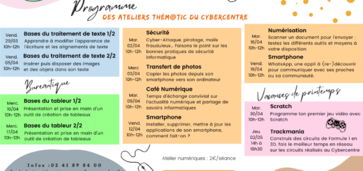 Programme des ateliers Thém@TIC proposés au Cybercentre de l'association ESPACE BAUGEOIS en avril 2024