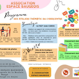 Programme des ateliers Thém@TIC proposés au Cybercentre de l'association ESPACE BAUGEOIS en mai et juin 2024