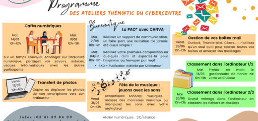 Programme des ateliers Thém@TIC proposés au Cybercentre de l'association ESPACE BAUGEOIS en mai et juin 2024