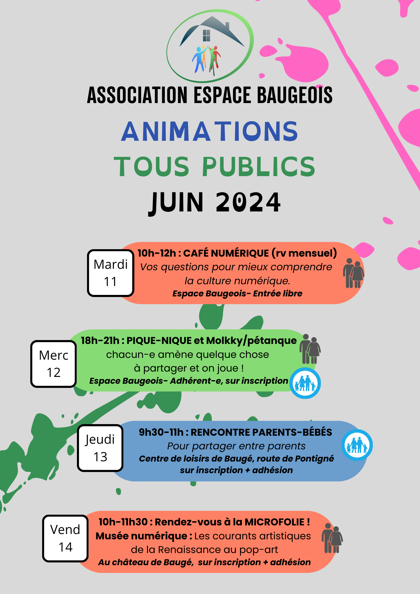 Programme des activités proposées par l'association Espace Baugeois en juin 2024