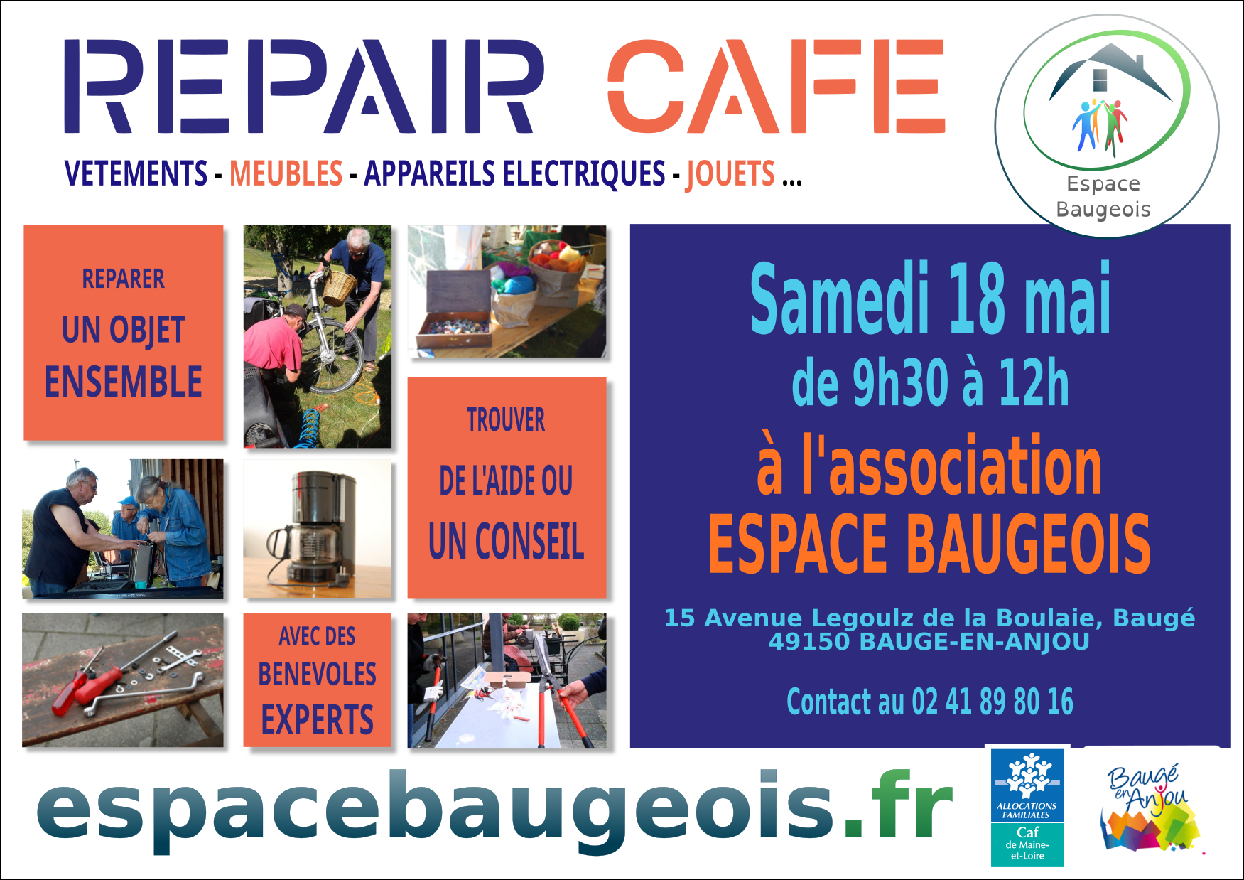 Le Repair Café, c'est samedi 18 mai, dans les locaux de l'association Espace Baugeois