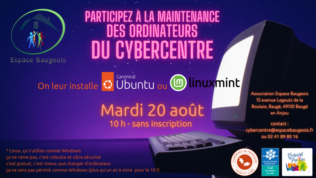 Install Party Linux au Cybercentre de l'association Espace Baugeois